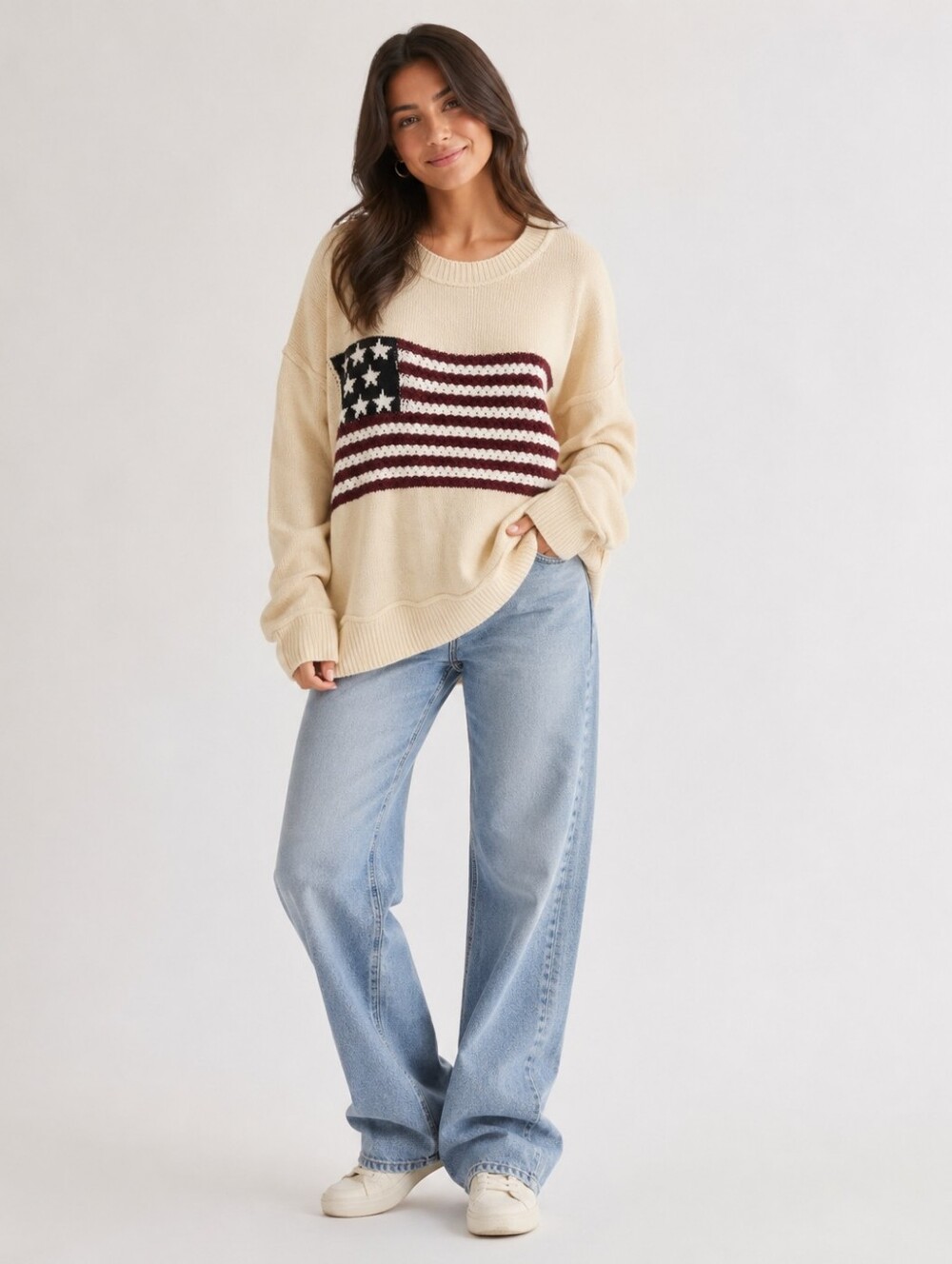 NWT POL Cream Oversized American Flag Knit Sweater Wool Blend Size S
